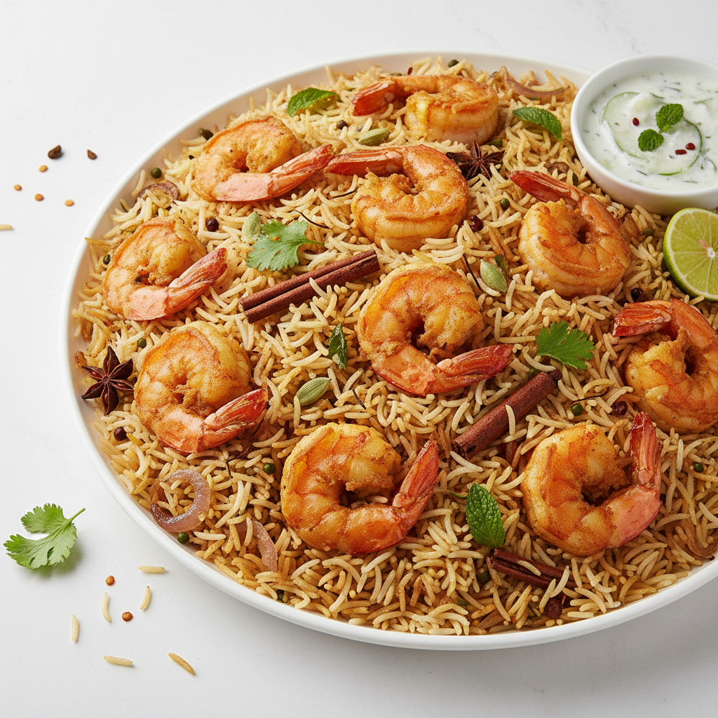 Fried prawns biryani