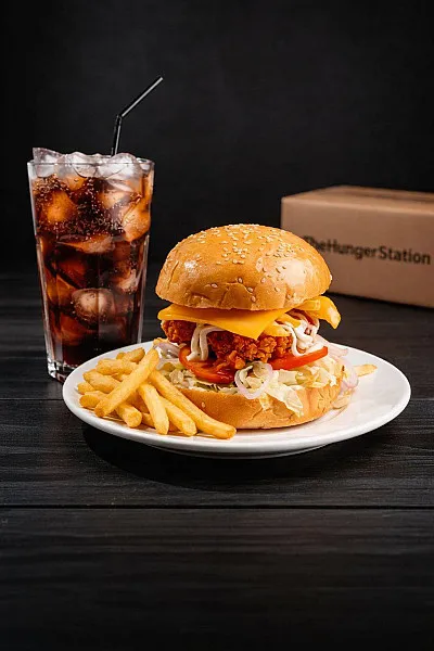 Chicken Burger, Fries And Cool Drink