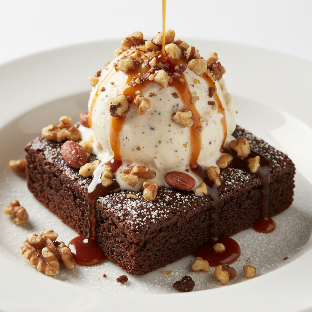 Brownie topped with Ice Cream and Nuts