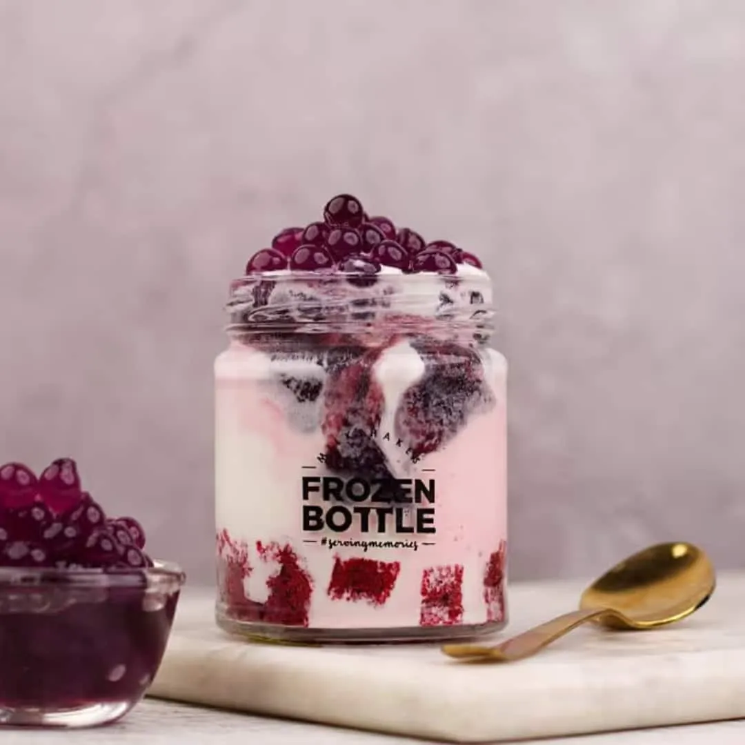 Red Velvet and Blueberry Popping Boba Sundae